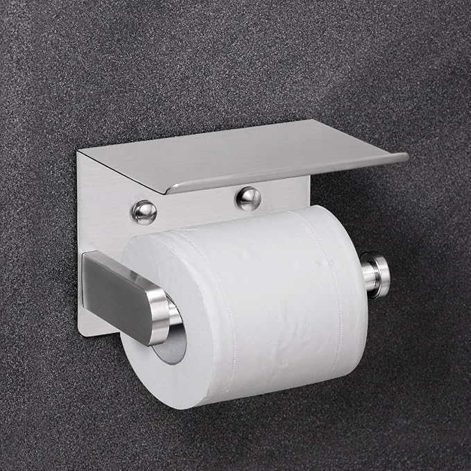 VAEHOLD Self Adhesive Toilet Paper Holder with Phone Shelf Stainless Steel Wall Mounted Toilet Paper Roll Holder - Rustproof and Bathroom Washroom Tissue Roll Holder with Storage Shelf - Silver