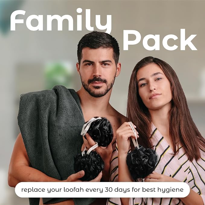 MainBasics Shower Loofah Sponge Pouf, Set of 3, Triple Black | Soft Mesh Body Scrubber and Bath Sponge for Gentle Exfoliation, Rich Lather, and Everyday Shower Use