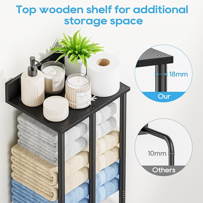 Towel Racks for Bathroom Wall Mounted with Wooden Storage Shelf | Updated 3 Bar Metal Towel Holder for Rolled Towels, Black Sturdy and Large Capacity, Towel Storage Organizer