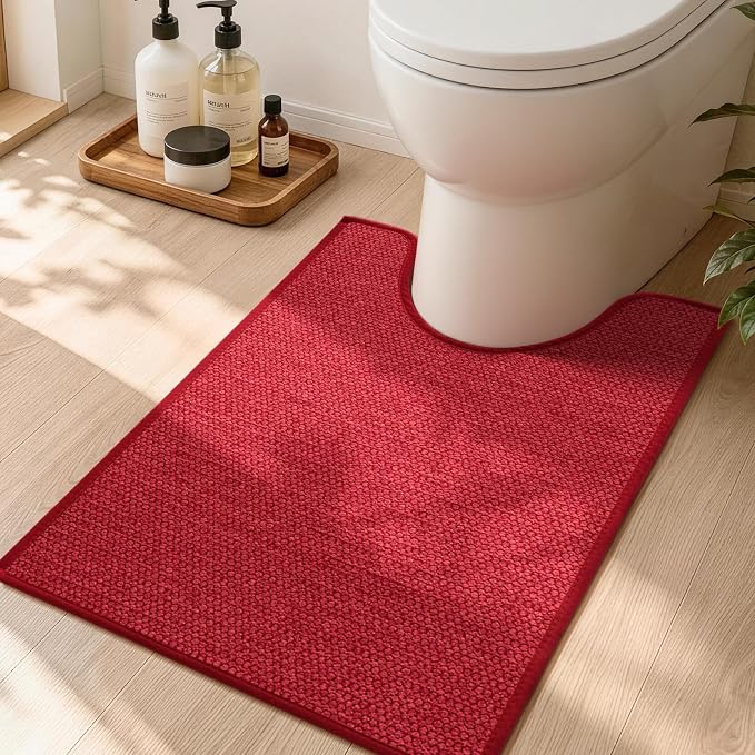Red Toilet Rugs U Shaped 17.5"x24", Quick Dry Non Slip Contour Bath Mat, Absorbent Machine Washable Ultra Thin Bathroom Mats for Toilet Base
