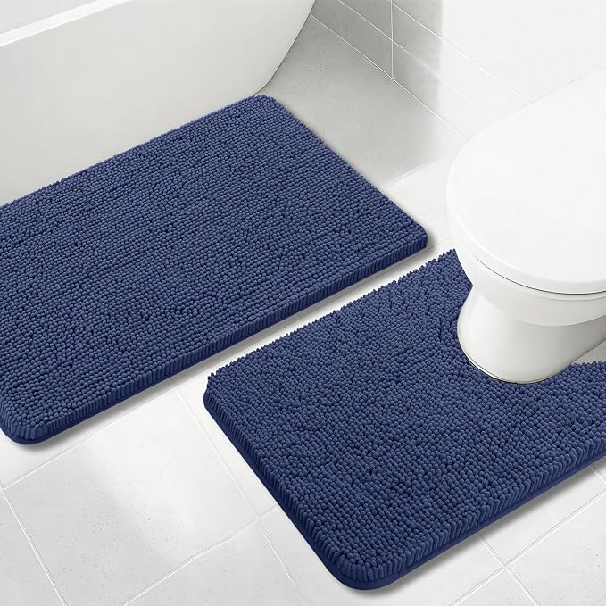 Bathroom Rugs Sets 2 Piece Chenille Bathroom Rugs,Extra Thick and Absorbent,Strong PVC Non-Slip Underside, Machine Washable, Dry Quckily, Soft Cozy Plush for Toilet,Bedroom (Navy Blue)