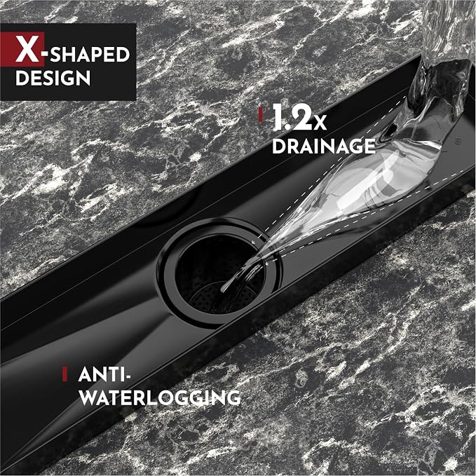 WEBANG 24 Inch Linear Shower Drain Rectangular Floor Drain with Accessories Square Hole Pattern Cover Grate Removable SUS304 Stainless Steel CUPC Certified Matte Black