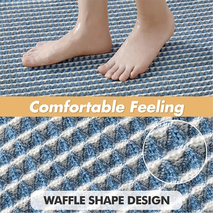MIULEE Set of 2 Waffle Bathroom Rugs Boho Bath Mat Blue&Cream 17x24 Inch | Non Slip, Super Absorbent, Washable, Ultra Soft, Rubber Backed, Small Bath Rugs for Bathroom Floor Tub Shower