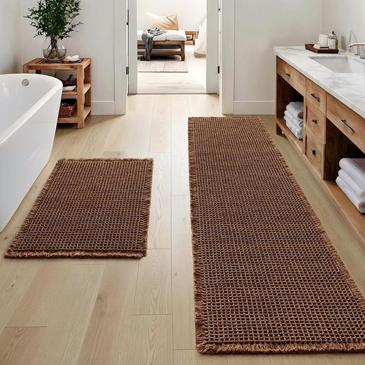 MIULEE Set of 2 Waffle Bathroom Rugs Boho Bath Mat Mocha 17"x24"+17"x48" | Non Slip, Super Absorbent, Washable, Ultra Soft, Rubber Backed, Small Bath Rug and Bathroom Runner for Floor Tub Shower