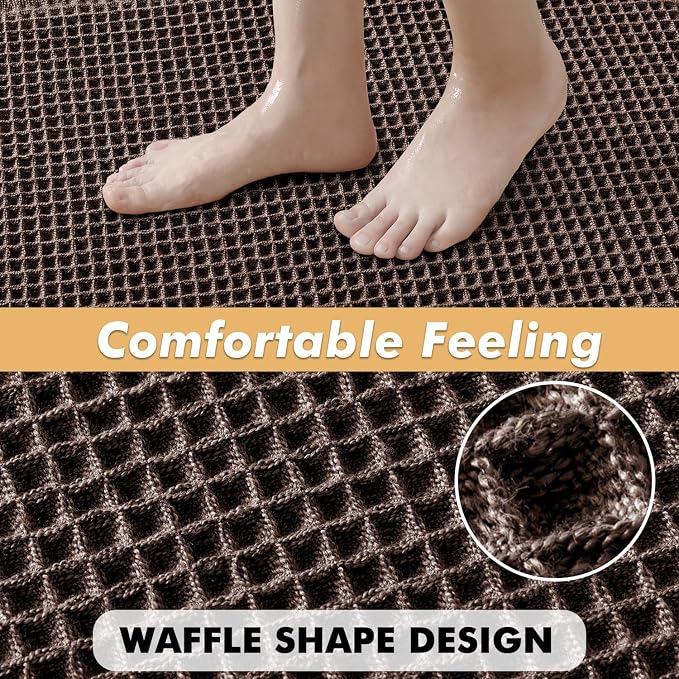 MIULEE Set of 2 Waffle Bathroom Rugs Chocolate Bath Mat 17"x24"+17"x48" | Non Slip, Super Absorbent, Washable, Ultra Soft, Rubber Backed, Small Boho Bath Rug and Bathroom Runner for Floor Tub Shower