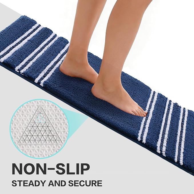 Kmson Bathroom Rugs Mat, 20"x32" Ultra Soft Washable Shaggy Chenille Bath Rugs, Non-Slip Fluffy Thick Water Absorbent Microfiber Mat for Bathtub, Sink and Shower, Navy Blue