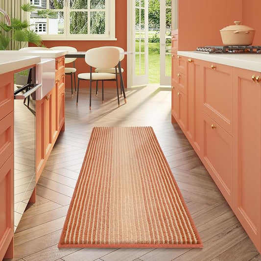 Large Bathroom Rugs Runner, 24x70 Chenille Bath Mat, Pumpkin Orange | Extra Soft Absorbent, Non Slip Striped, Quick Dry Machine Washable, Shower Rug for Bathroom Bedroom Decor