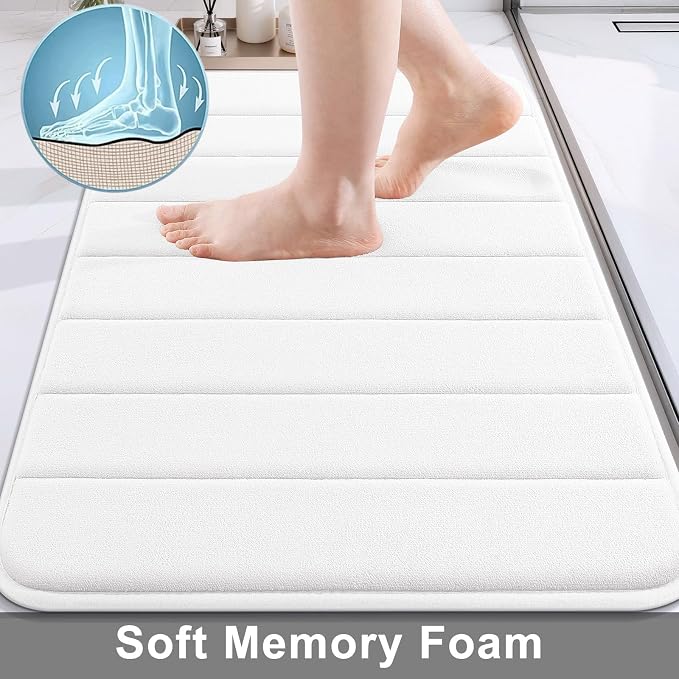Buganda Memory Foam Bath Mat 47 x 32, Ultra Soft Absorbent Bathroom Rugs | White, Machine Washable Quick Dry Bath Mats for Bathroom Floor, Shower and Tub, Home Decor Accessories