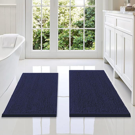 Smiry Chenille Bathroom Rugs Sets 2 Piece (34x21+30x20, Navy Blue) | Soft Absorbent Machine Washable Non Slip Shaggy Bath Rug Set for Tub, Shower, and Floor, Home Decor