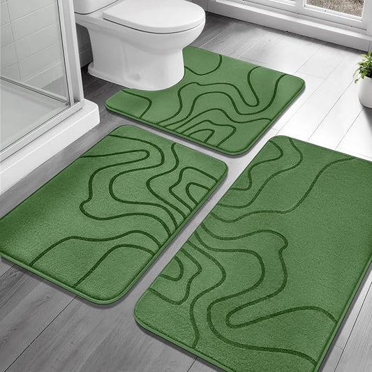 Memory Foam Bathroom Rugs Sets 3 Piece, Ultra Soft Bath Mat, Olive Green | Ultra Soft, Extra Thick Bath Mat, Absorbent, Non-Slip, Machine Washable, For Tub, Shower & Home Decor Accessories