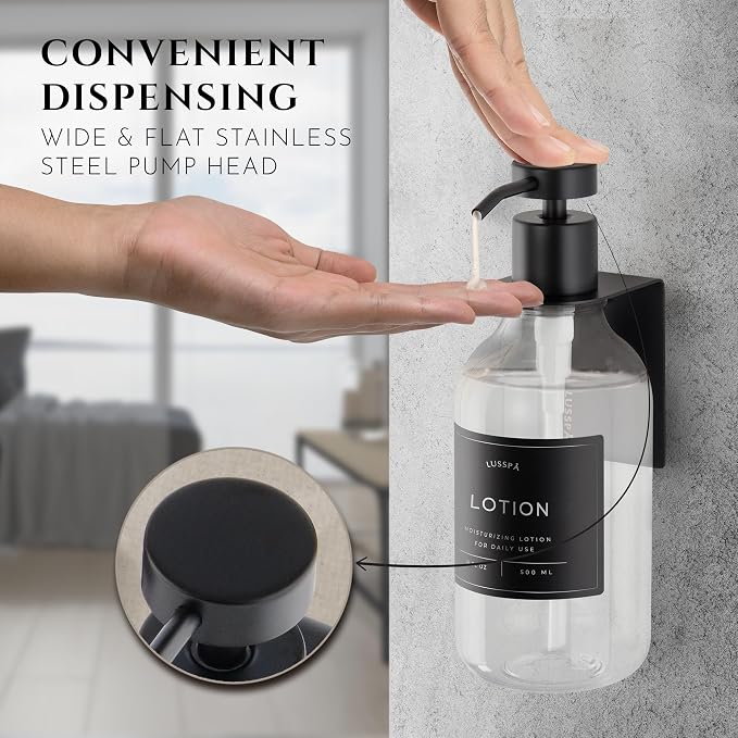 Shower Shampoo Dispenser Wall Mounted – Refillable 16.9 oz Clear Bottle with Stainless Steel Pump & No-Drill Adhesive Holder – Soap Dispenser for Bathroom (1 X Clear/Black)
