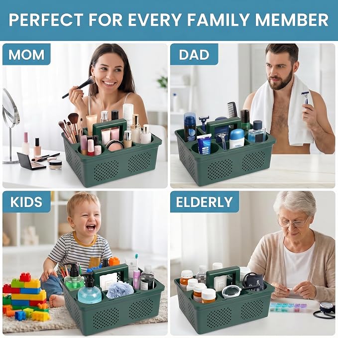 KMV Dorm Room Portable Shower Caddy with Adjustable Compartments - Ventilated Drainage Design with Handles, Perfect Toiletries Organizer for College Dorms-green