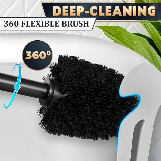 Matte Black Toilet Brush and Holder Set - Stainless Steel Toilet Brush with Holder, Removable Inner Bowl, Replaceable Head, Anti-Splash Guard and Flexible Bristles for Effective Bathroom Cleaning