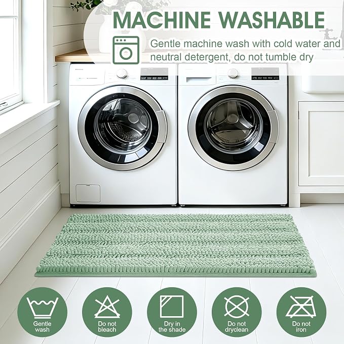 ACCUMTEK Tauso Striped Sage Green Bathroom Rug Set 3 Pieces Ultra Soft, Non Slip Chenille Toilet Mat, Absorbent Plush Shaggy Bath Mats for Bathroom, Bedroom, Kitchen