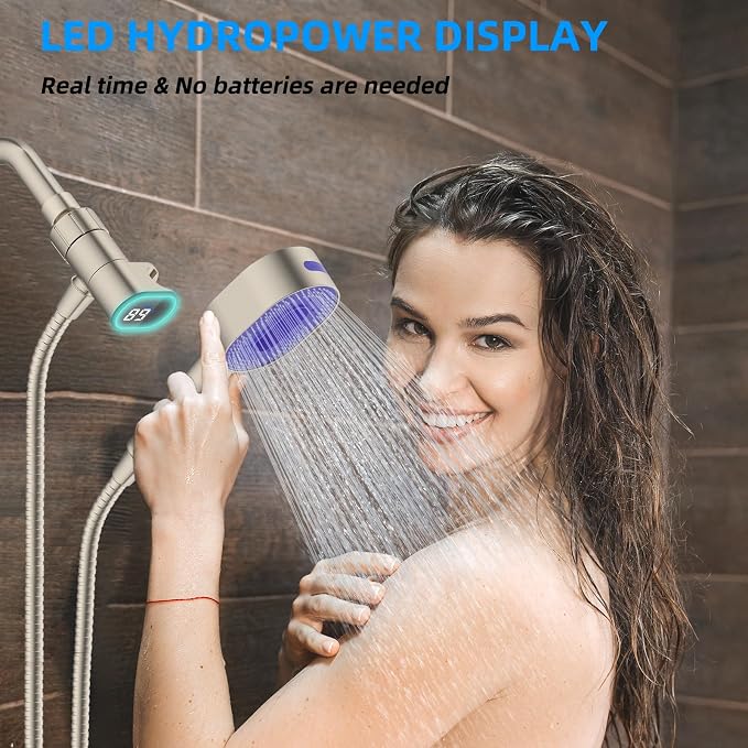 Hibbent Upgraded Metal Shower Head Holder with LED Display Shower Thermometer, Adjustable Shower Arm Mount for Handheld Shower Head, Universal Shower Head Bracket, Solid Brass Ball, Brushed Nickel