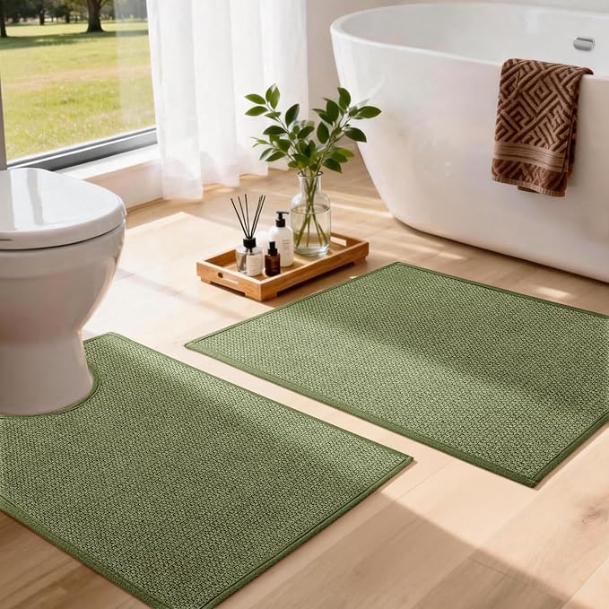 YIHOUSE Green Bathroom Rugs Sets 2 Piece, Quick Dry Thin Bath Mat with Toilet Rug, Non Slip Absorbent Machine Washable, Bath Rugs for Tub Sink Home Decor (17"x24" + 17.5"x24" U-Shaped)