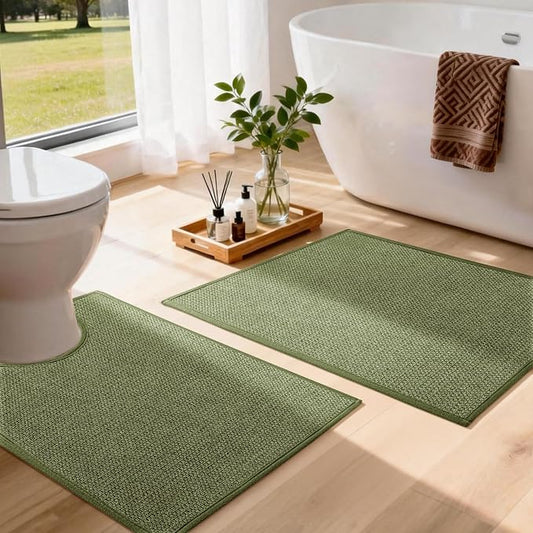 YIHOUSE Green Bathroom Rugs Sets 2 Piece, Quick Dry Thin Bath Mat with Toilet Rug, Non Slip Absorbent Machine Washable, Bath Rugs for Tub Sink Home Decor (17"x24" + 17.5"x24" U-Shaped)