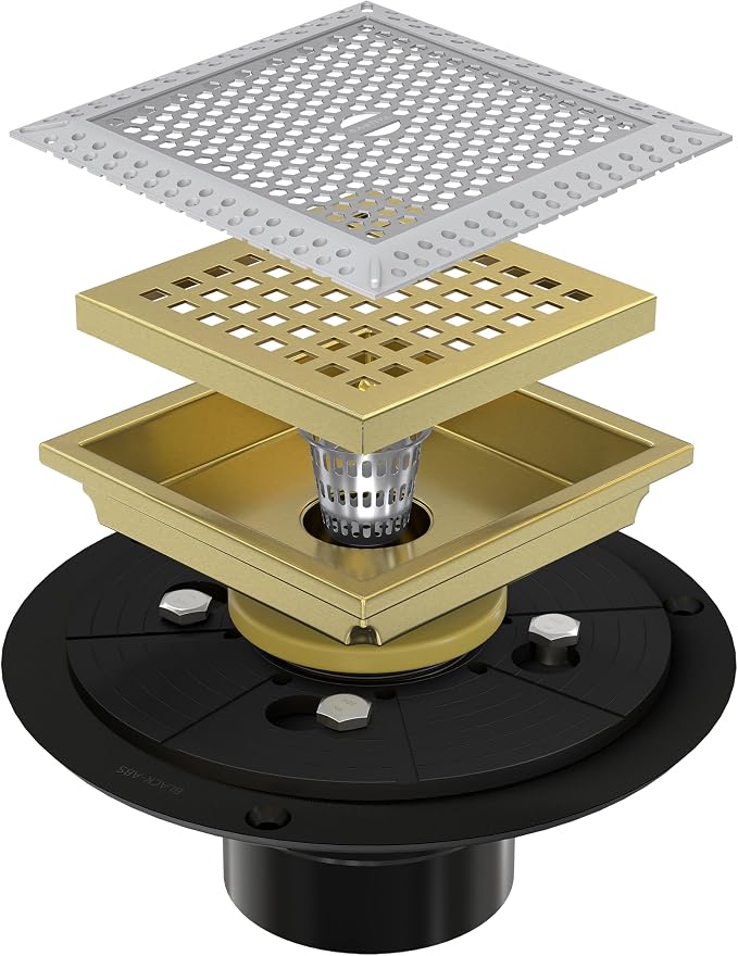 4 Inch Gold Square Shower Drain Kit with Flange,Modern Floor Drain with Removable Quadrato Pattern Grate,Stainless Steel SUS 304