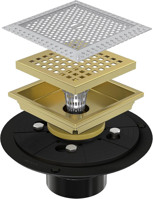 4 Inch Gold Square Shower Drain Kit with Flange,Modern Floor Drain with Removable Quadrato Pattern Grate,Stainless Steel SUS 304