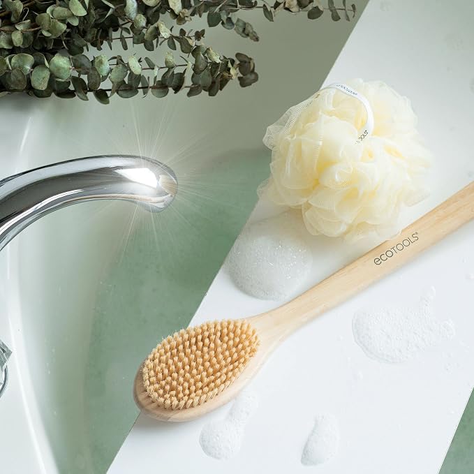 EcoTools Bath Bristle Brush, Back Scrubber for Shower with Long Handle | Smooth skin daily, body brush for showering with bamboo handle, vegan, cruelty-free, nylon bristles, back brush for shower