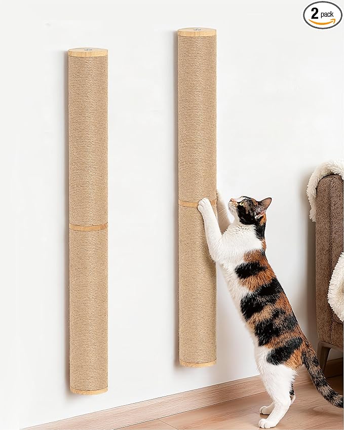 Aechonow 68" Wall Mounted Cat Scratcher,2Pcs of 34in Sisal Scratching Posts | Wood Cat Wall Scratcher,Cat Wall Furniture for Indoor Cats,Cat Wall Climber, Natural Sisal,Tall & Sturdy Corner Climbing Pole