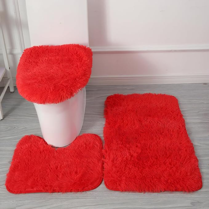 Red Bathroom Rugs Sets 3Piece Bath Mat Solid Bath Rug Floor Mats Washable Shower Rug with U-Shaped Contour Rug Toilet Lid Cover