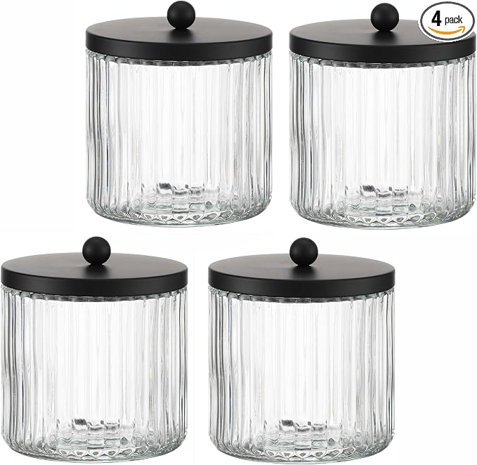 4-Pack Glass Qtip Holder Dispenser Set for Cotton Ball, Swab, Round Pads, Floss Picks - Bathroom Canister Storage Organization and Vanity Makeup Organizer(Clear-4)