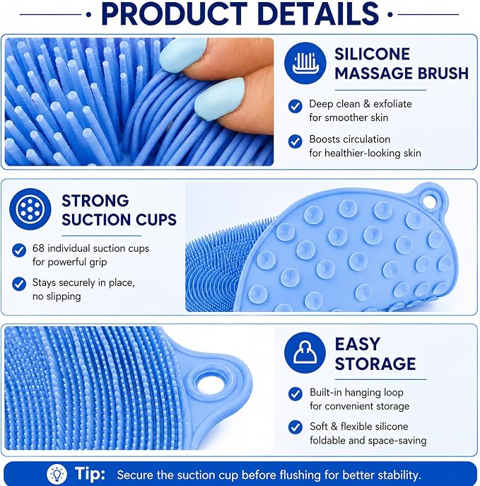 21.3" Silicone Foot & Back Scrubber Mat, Non-Slip Suction Cups Blue | Strong Suction Cups, Non-Slip,Large, Silicone, Easy-Clean, Hangable