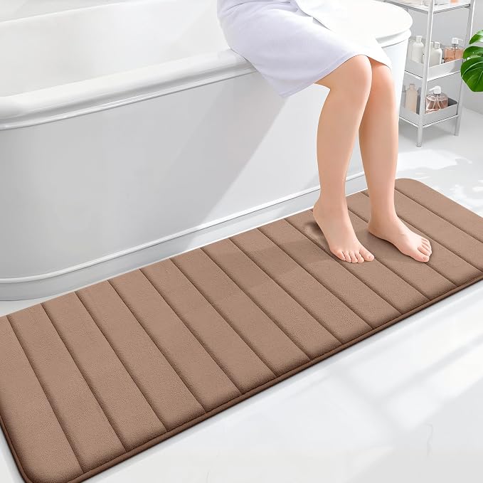 OLANLY Memory Foam Long Bathroom Rugs Runner 59x20, Super Soft Absorbent | Mocha, Quick Dry Bath Mat, Machine Washable Shower Floor Rugs, Bathmat Carpet for Bathroom Floor, Tub and Shower
