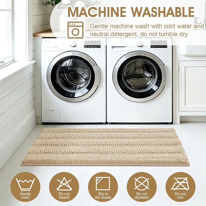 ACCUMTEK Striped Beige Bathroom Rug Mat Set 2 piece 24"x17"+48"x20" Ultra Soft, Non Slip Chenille Bath Rugs, Absorbent Plush Shaggy Bath Mats for Bathroom, Bedroom, Kitchen, Shower, Tub