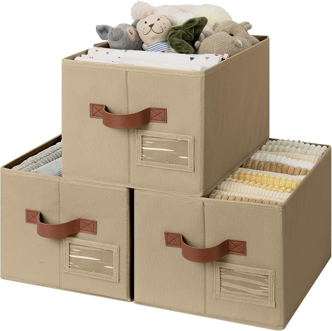 GRANNY SAYS Closet Storage Bins with Label, Closet Organizer Bins, Fabric Storage Basket with PU Handles, Clothing Storage Organizers, Brown, Medium, 3-Pack