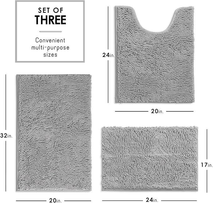 Hearth & Harbor Bathroom Rugs, Chenille Bath Mat - Machine Washable Bath Mats for Bathroom Non-Slip Backing Rubber, Quick Dry Mat - Silver Bath Rug, 17x24-20x32-20x24