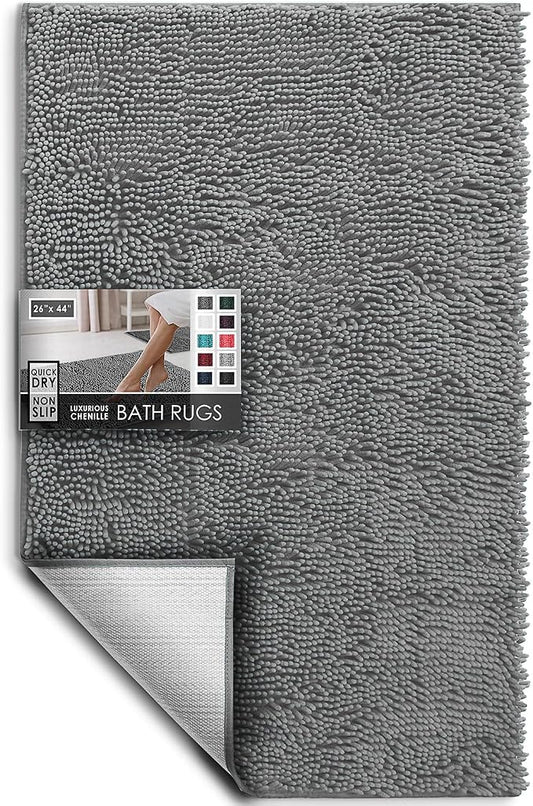 Hearth & Harbor Bathroom Rugs, Chenille Bath Mat - Machine Washable Bath Mats for Bathroom Non-Slip Backing Rubber, Quick Dry Bathroom Mat, 26 x 44 - Frost Grey