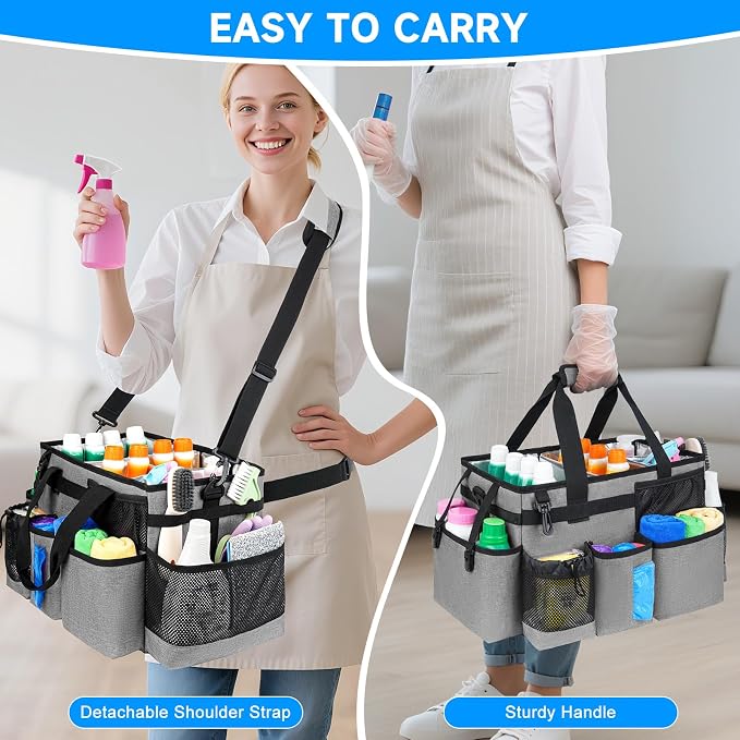 Cleaning Caddy Bag, Large Cleaning Supplies Organizer for Housekeepers, Housekeeping Caddy with Handle and Detachable Padded Cushion, Gray