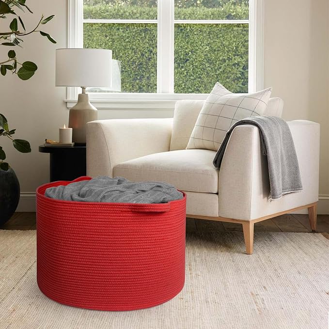 MEGASKET 115L Extra Large Red Basket for Organizing, 23.6"x15.7" Jumbo Woven Cotton Rope Bins for Blankets, Baby Nursery Laundry Basket, Kids Dog Toy Storage Box, Huge Red Living Room Decor Organizer