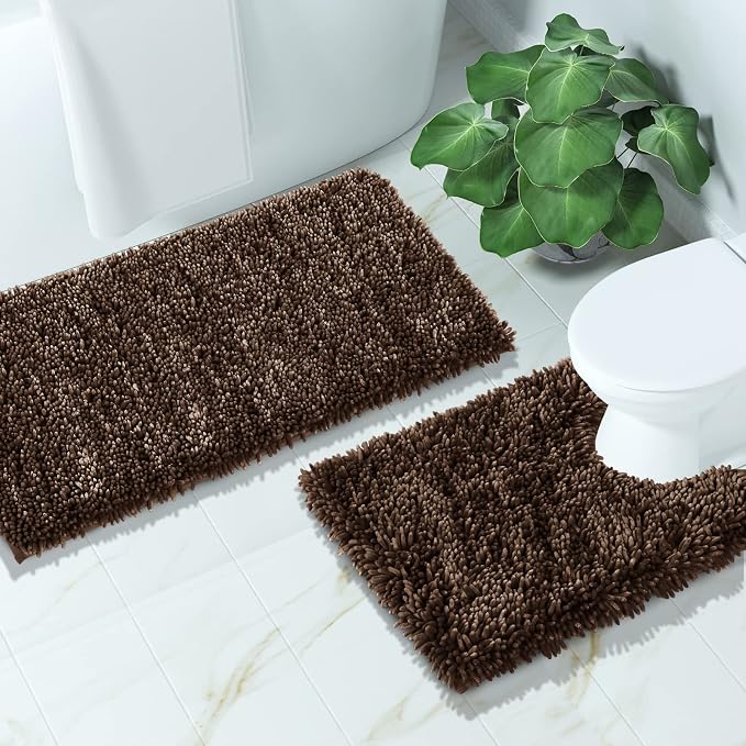 Yimobra Bathroom Rugs Sets 2 Piece, Soft Absorbent Bath Mat and U-Shaped Toilet Rug with Non Slip Backing, Luxury Shaggy Bath Mats for Bathroom, Machine Washable, 31.5"x20"+24"x20", Brown