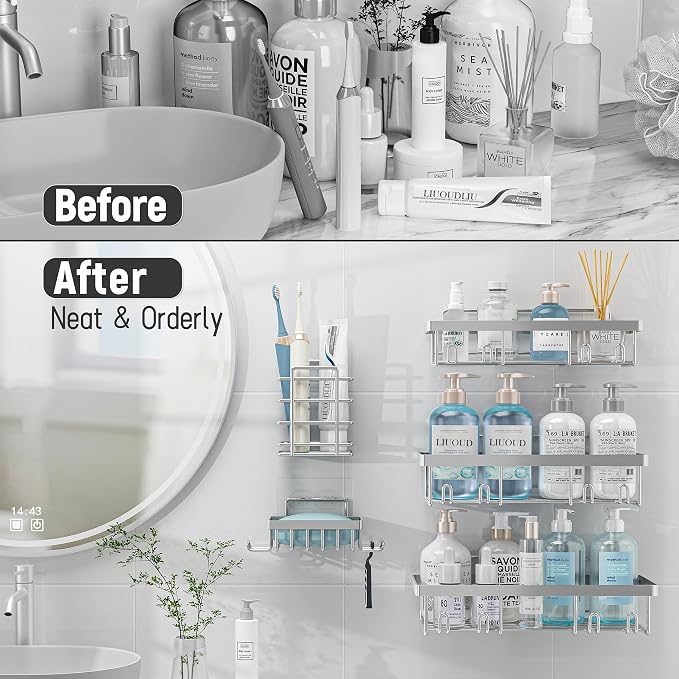Liuoud 5 Pack Shower Caddy Organizer Rack Shelf for Inside Shower, Self Adhesive Bathroom Wall Storage Basket Rustproof Stainless Steel Large Capacity Shampoo Holder, Silver
