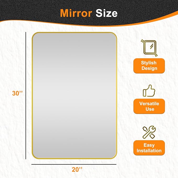 Delma Bathroom Vanity Mirror, Gold Framed Mirror for Over Sink, 30x20 | HD glass, distortion-free for makeup and grooming, Sturdy frame, all mounting hardware, hangs horizontal or vertical