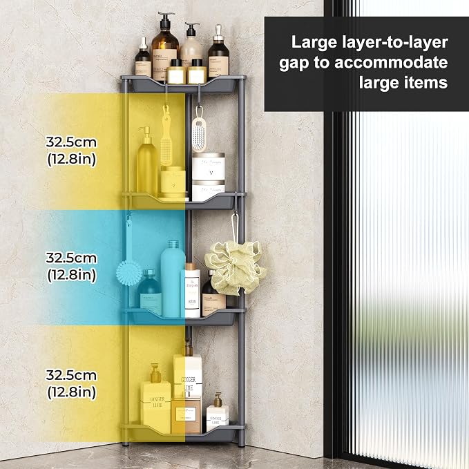 Orimade Rustproof 4 Tier Floor Standing Corner Shower Caddy Organizer, Plastic Metal Splicing Floor Corner Shelf Rack Storage Stands for Bathroom,10.8 x 10.8 x 44.6 inches, Black