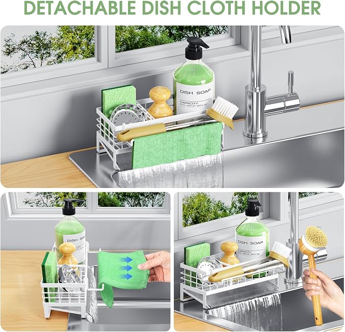 Self-Draining Kitchen Sink Caddy, Rustproof Non-Slip Sponge Holder with Detachable Dish Cloth Holder (White)