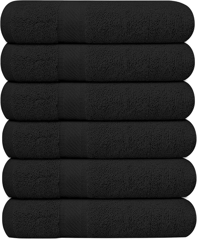KAHAF COLLECTION 6 Pack Bath Towels Set (27 x 54 Inches) 100% Ring Spun Cotton, Lightweight, Quick Dry, Highly Absorbent Towels (Black, (27x54) Inches)