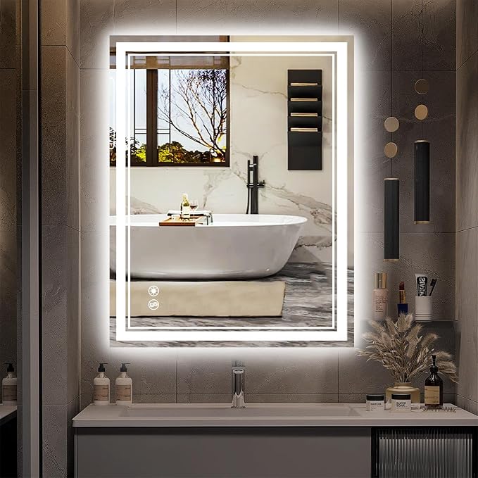 28 x 36'' Bathroom Mirror with Lights, Anti-Fog, Fogless | Dimmable 3 Colors Bathroom Mirror, Touch Sensor, Smart Vanity Mirror, Switch/Plug in Wall Mounted, Horizontal/Vertical