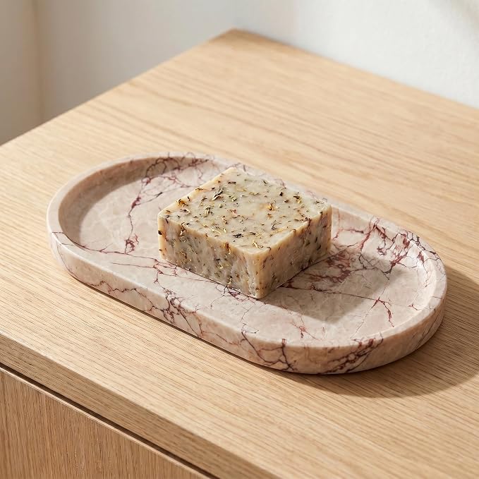 YKAJO Calacatta Viola Pink Oval Marble Tray, 9.8x4.7 Vanity Organizer Dish | Honed natural stone; jewelry & trinket dish, ring & key holder, soap & candle catchall; bath counter, dresser, coffee table