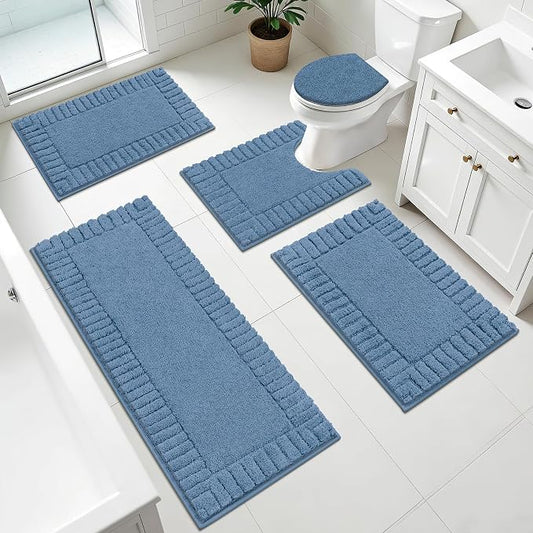 Pauwer Bathroom Rugs Set 5 Piece, Microfiber Bath Mat Set, Blue | Non Slip Washable Bath Mat with U Shaped Toilet Rug, Plush Absorbent Shower Rug, Toilet Lid Cover, Quick Dry Floor Carpet