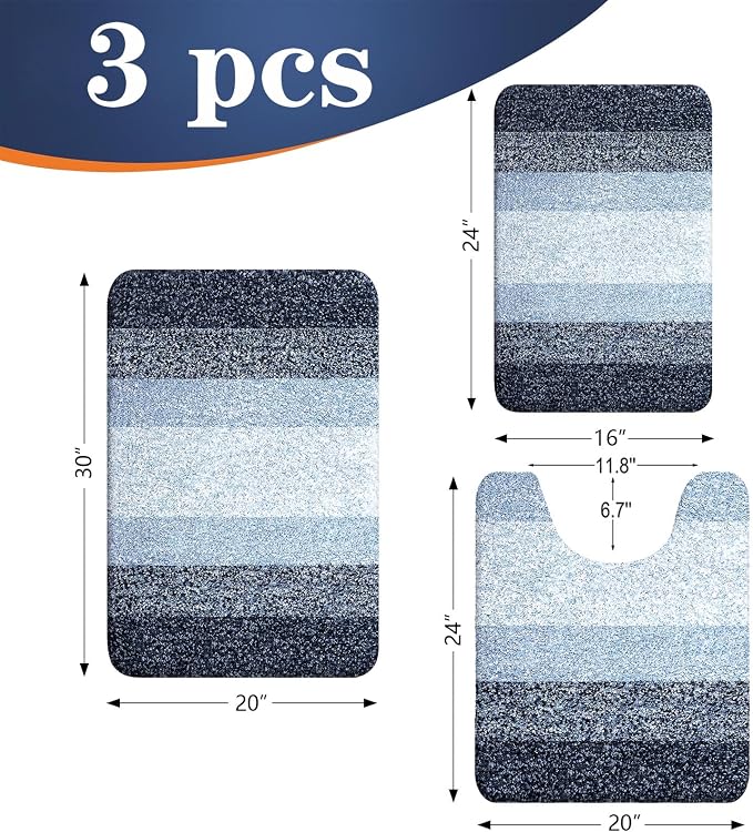 OLANLY Microfiber Bathroom Rugs Sets 3 Piece, 30"x20"+24"x16"+24"x20" | Dark Blue, Soft Absorbent Bath Mats and U-Shaped Contour Toilet Rug, Machine Wash Dry, Plush Shaggy Bath Mat Set for Bathroom