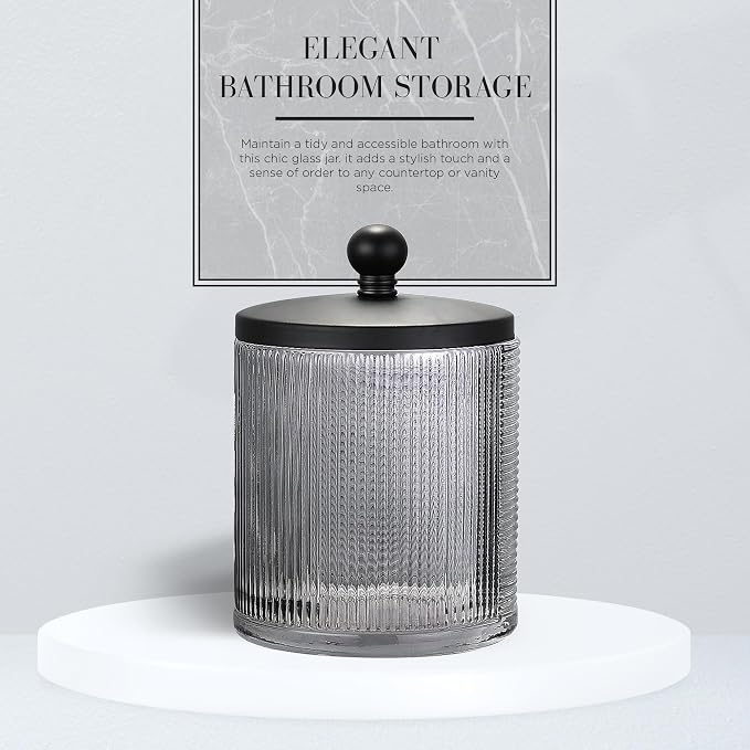Gray Colored Tranlucent Apothecary Ribbed Geo Etched Glass Jar W/Matte Black Metal Lid Cover for Bathroom Organization, Cotton Balls, Q Tips, and Small Accessories, Bathroom Storage