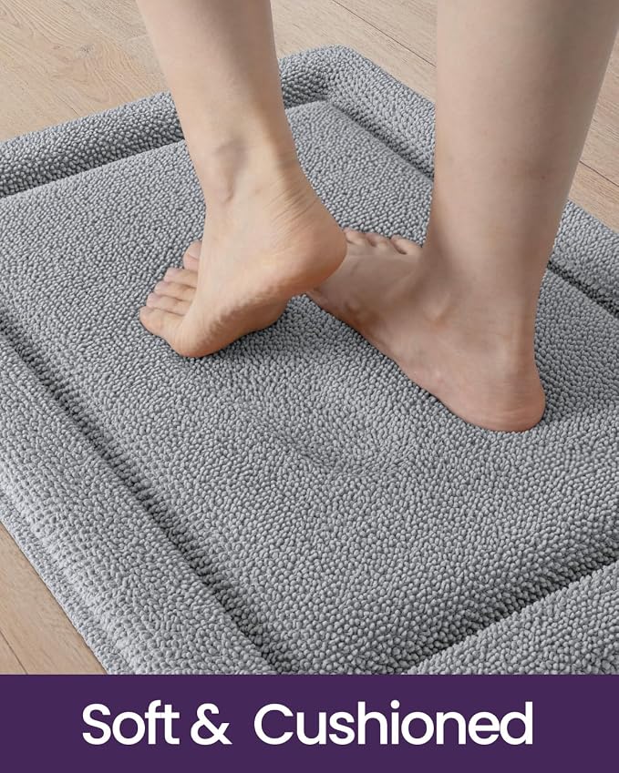 DEXI Memory Foam Bath Mat 36x24, Thick Chenille Bathroom Rug, Light Grey | Ultra Soft Absorbent, Non Slip Quick Dry, Cushion Plush Bath Carpet for Tub Shower, Sink