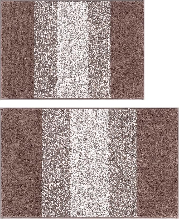 Vaukki Luxury Soft Bathroom Rugs Set of 2, Coffee Non Slip Bath Floor Mat | Microfiber Shaggy Plush Absorbent Striped Washable Bath Carpet for Tub, Bathroom and Shower, 18''x26''+20''x32''