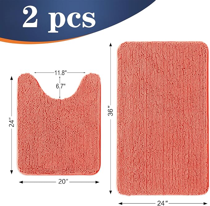 OLANLY Chenille Bathroom Rugs Mats Sets 2 Piece, 36"x24"+24"x20", Coral | Soft Absorbent Bath Mat and U-Shaped Contour Toilet Rug Set, Quick Dry, Machine Washable Bath Carpet, Home Decor Accessories