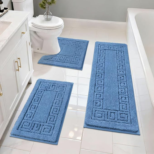 Pauwer Bathroom Rugs Sets 3 Piece, Plush Absorbent Bath Rug, Blue | Microfiber Bath Mat Set, Non Slip Washable, Quick Dry Floor Carprt, Soft U Shaped Toilet Mats For Bathroom Shower Sink
